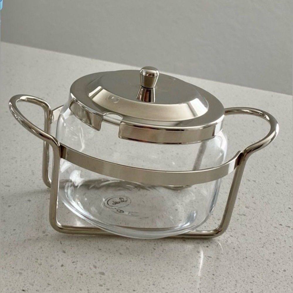 Studio Silversmiths   Glass Sugar Bowl with Metal Lid and Holder